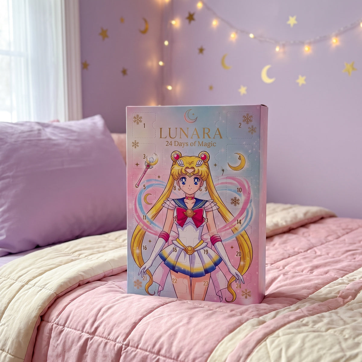 The 24 Days of Magic advent calendar on a bed in a pastel bedroom